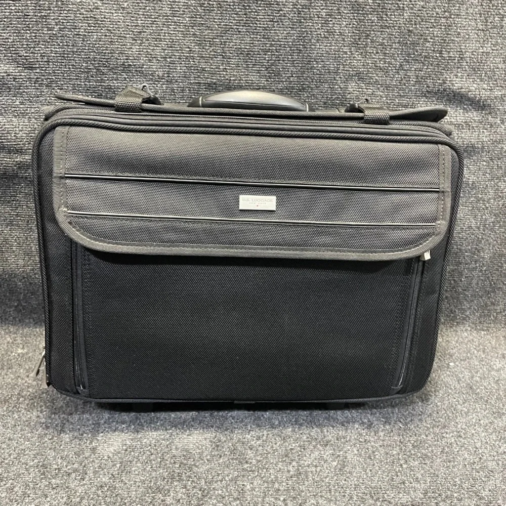 US Luggage New York Black Ballistic Nylon Rolling Catalog Case Wheeled Briefcase